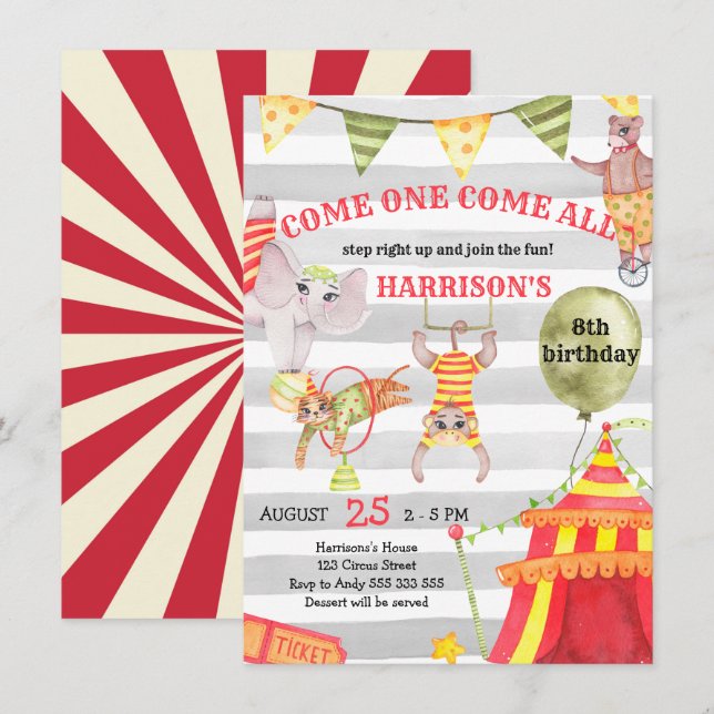 Circus Birthday Carnival Cute Watercolor Kids Invitation (Front/Back)