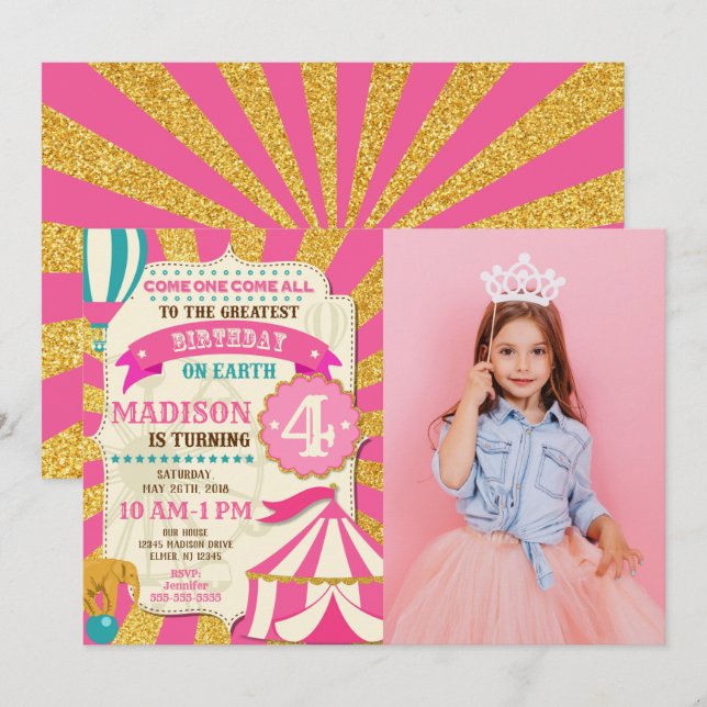 Circus Birthday Invitation Carnival Pink Gold  (Front/Back)