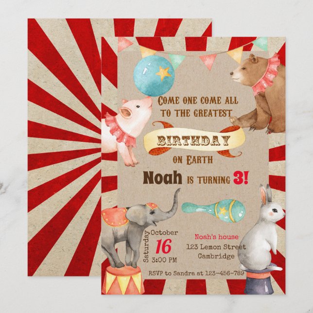 Circus Birthday Invitation, Circus Invitation (Front/Back)