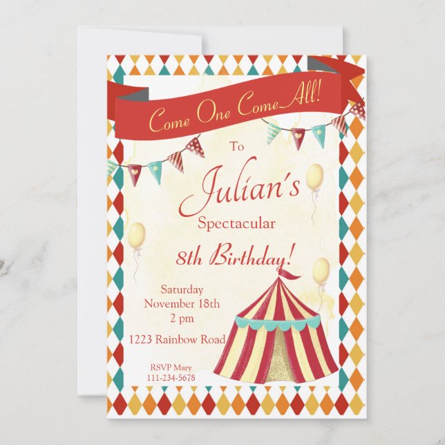 Circus Birthday Invitation, Editable Carnival  Invitation (Front)