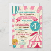 Circus Birthday Invitation Girl Carnival Invite