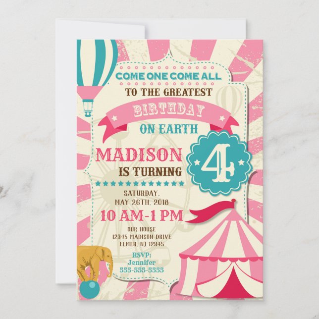 Circus Birthday Invitation Girl Carnival Invite (Front)
