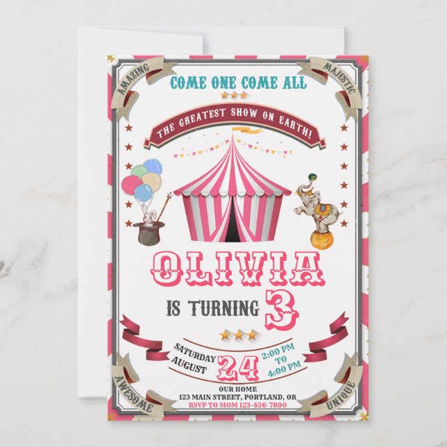Circus birthday invitation Vintage Carnival kids (Front)