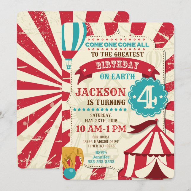 Circus Birthday Invitation Vintage Carnival Theme (Front/Back)