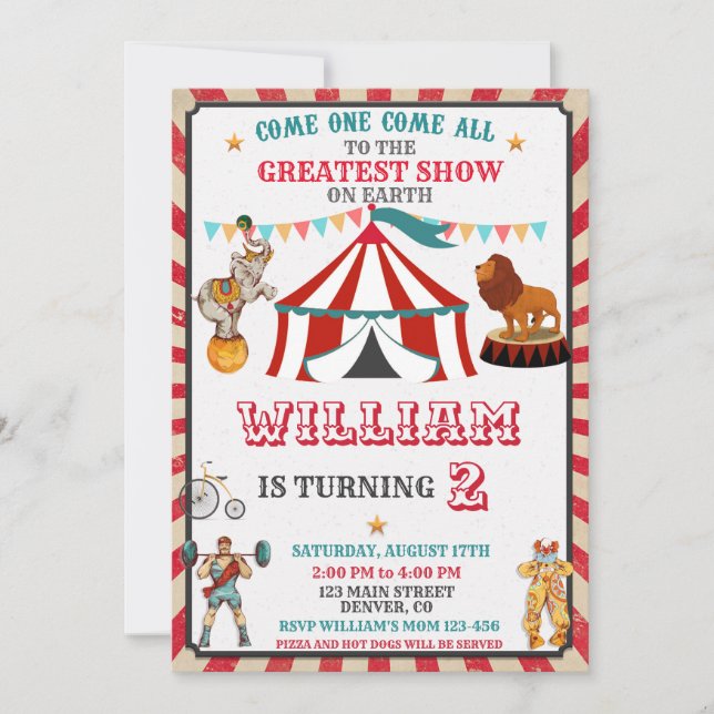 Circus birthday invitation Vintage Circus boy girl (Front)