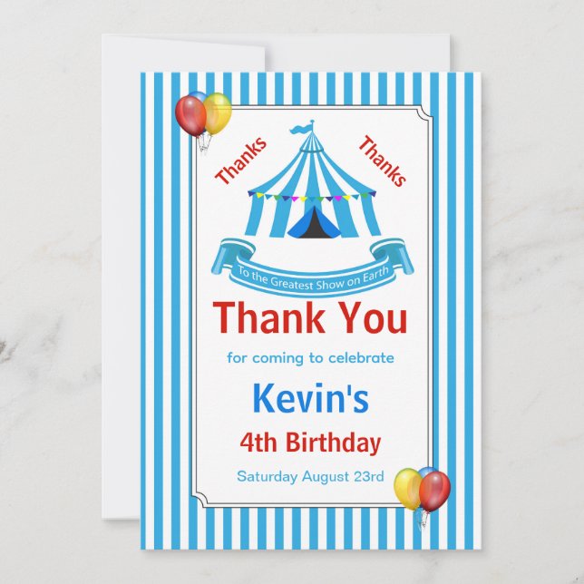 Circus Birthday Party Blue Thank You Card (Front)