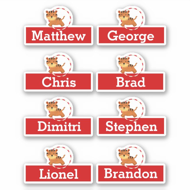 Circus birthday party favour names tiger cartoon (Front)