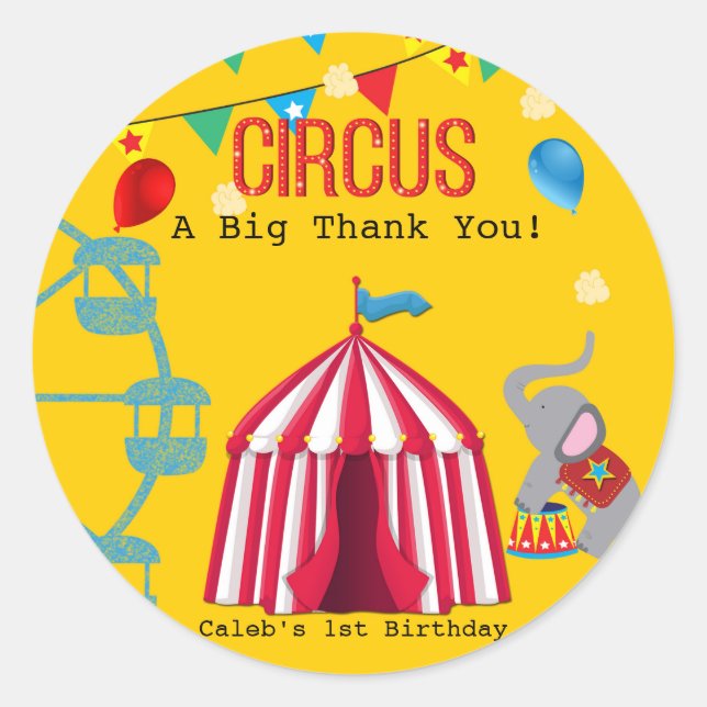 Circus Birthday Party Fun Yellow Colourful Classic Round Sticker (Front)