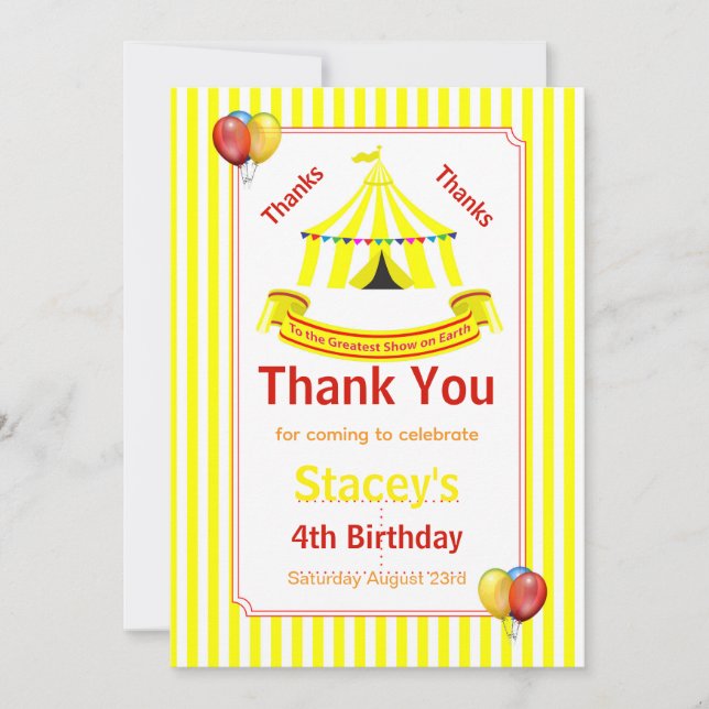 Circus Birthday Party Yellow Thank You Card (Front)