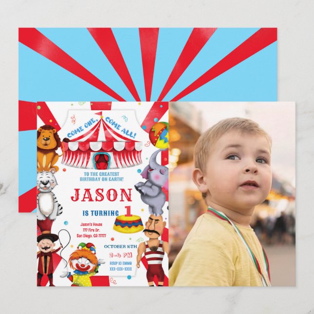 Circus Birthday Photo Invitation (Front/Back)