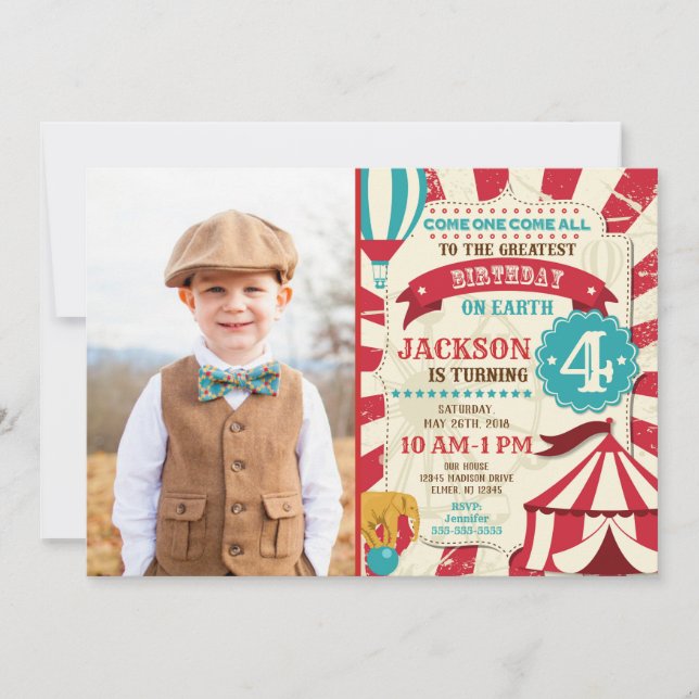 Circus Birthday Photo Invitation Carnival Invite (Front)