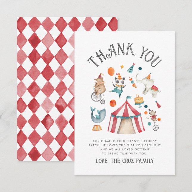 Circus Birthday Thank You Card  (Front/Back)