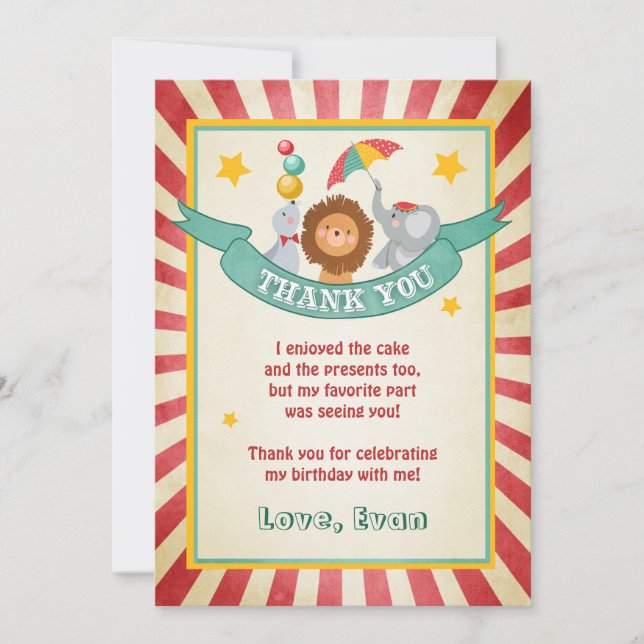 Circus birthday Thank you card Carnival Vintage (Front)