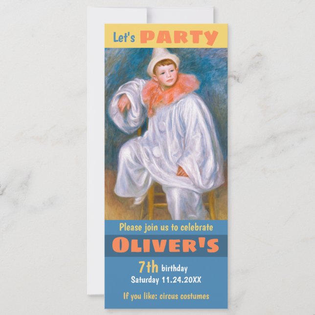 Circus birthday theme CC1067 Renoir White Pierrot Invitation (Front)