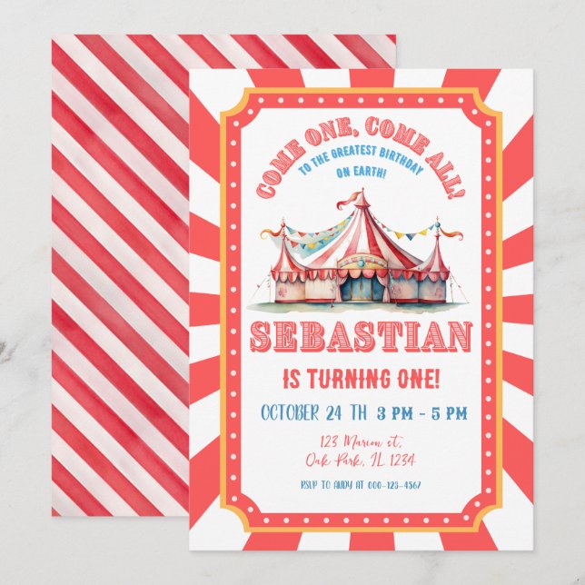Circus Carnival 1st Birthday Party Invitation (Front/Back)