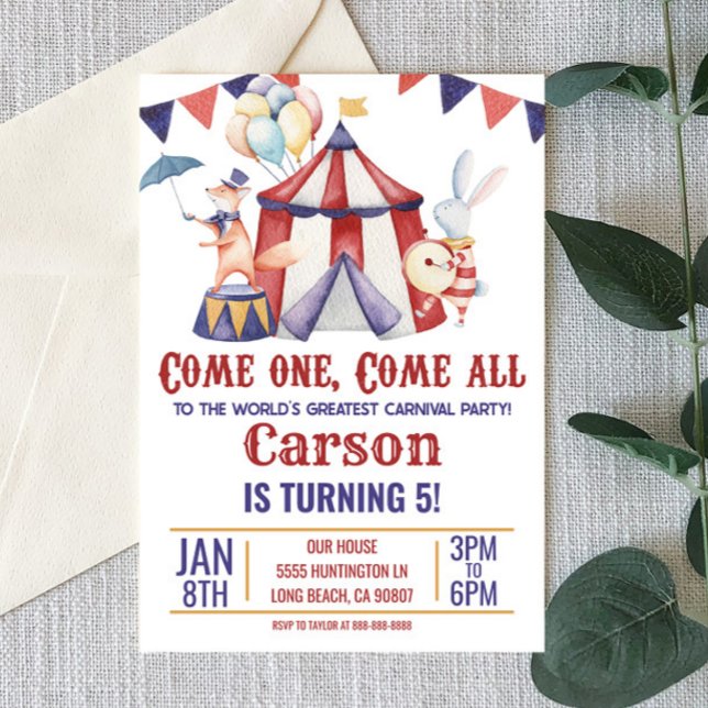 Circus Carnival Animal Red Blue Birthday Party Invitation (Creator Uploaded)