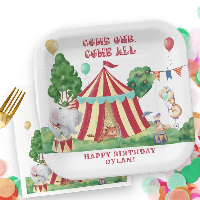 Circus Carnival Animals and Big Top Personalised Paper Plate (Circus Themed Paper Plates personalized for Kids Birthday)