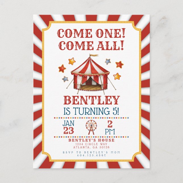 Circus Carnival Birthday Invitation Postcard (Front)