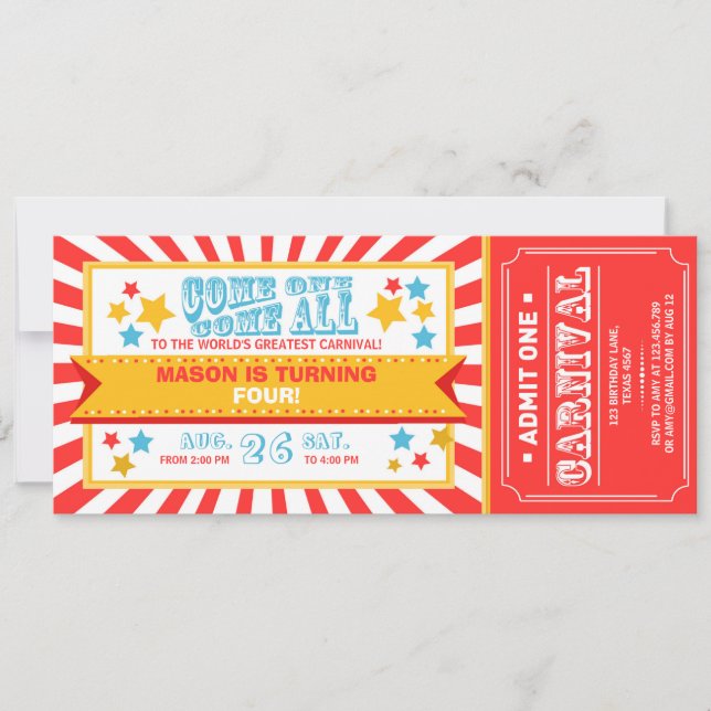 Circus carnival birthday invitation ticket Boy (Front)