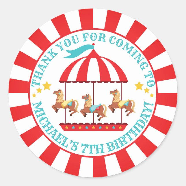Circus Carnival Birthday Round Label Sticker (Front)