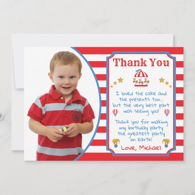 Circus Carnival Birthday Thank You Card With Photo (Front)