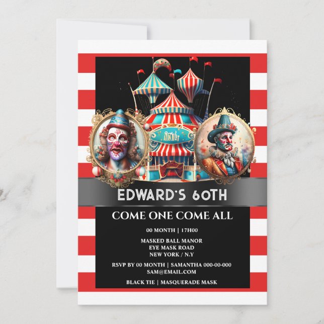 Circus carnival clowns showman tent flags striped invitation (Front)