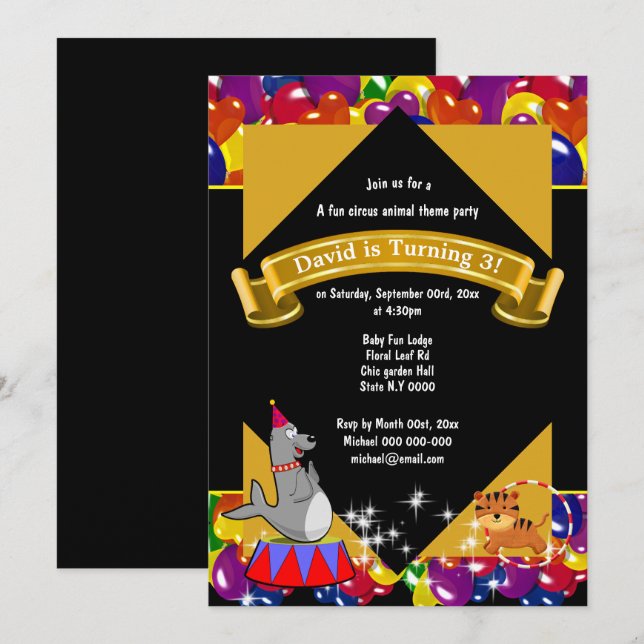 Circus carnival cute tiger seal balloon party invitation (Front/Back)