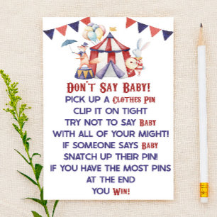 Circus Carnival Don't Say Baby! Baby Shower Game Stationery