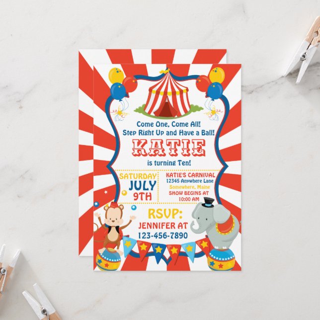 Circus Carnival Elephant Birthday Invitations (Front/Back In Situ)