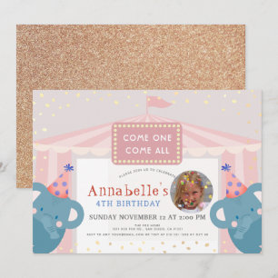 Circus Carnival Elephant Pink Girl Photo Birthday Invitation