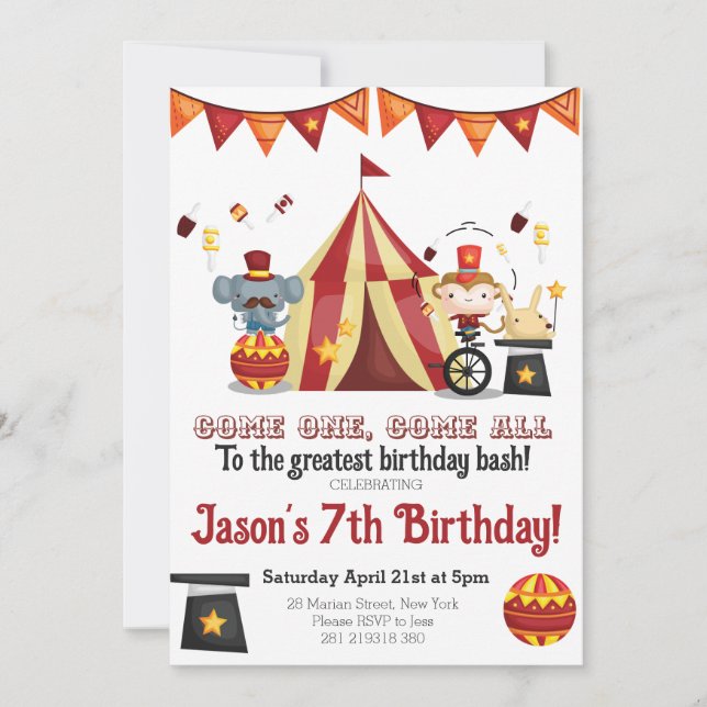 Circus Carnival Festival Animals Kids Birthday Invitation (Front)