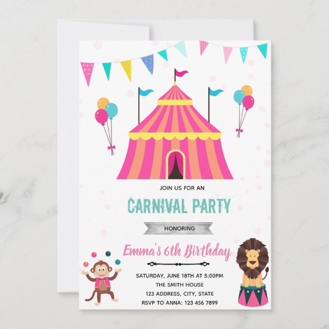 Circus carnival girl party birthday invitation (Front)