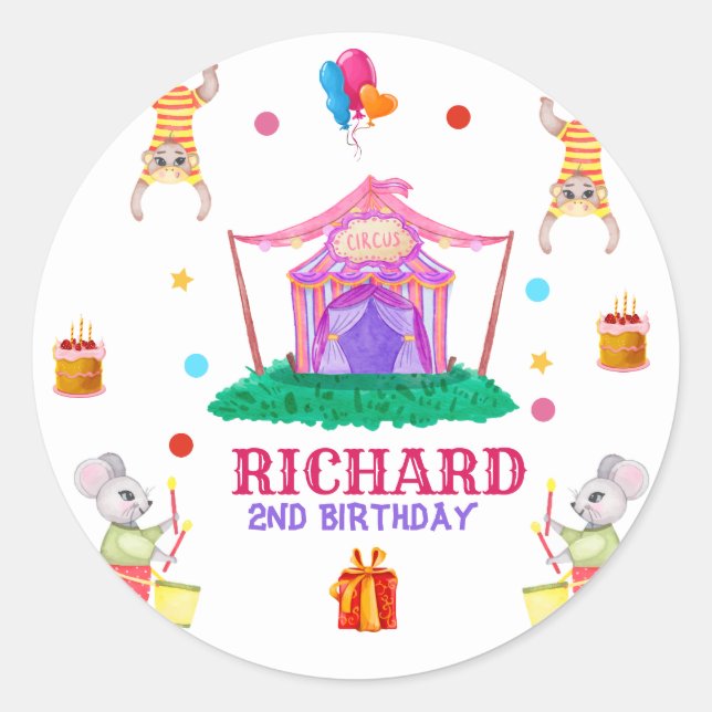 Circus Carnival Theme Colourful Birthday Party Classic Round Sticker (Front)