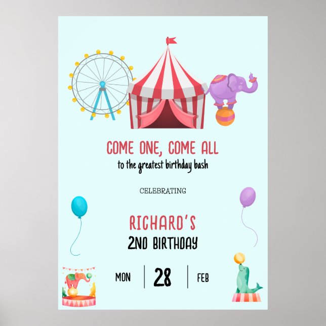 Circus Carnival Theme Kid's Birthday Party Poster (Front)