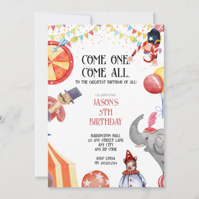 Circus/Carnival Themed Kids Party Invitations (Front)