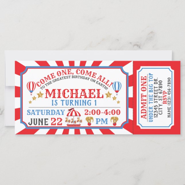 Circus Carnival Ticket Birthday Invitation (Front)