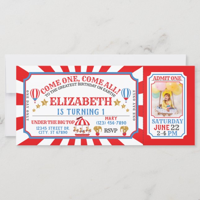 Circus Carnival Ticket Birthday Invitation  (Front)