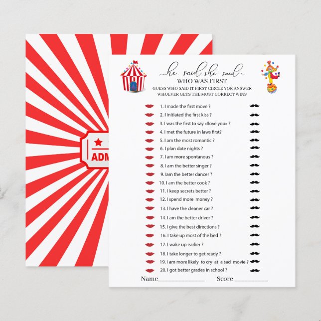 Circus Carnival Watercolor He said she said games (Front/Back)