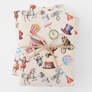 Circus Carnival Wrapping Paper Flat Sheet Set of 3