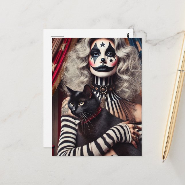 Circus Clown and a Black Kitty Postcard (Front/Back In Situ)
