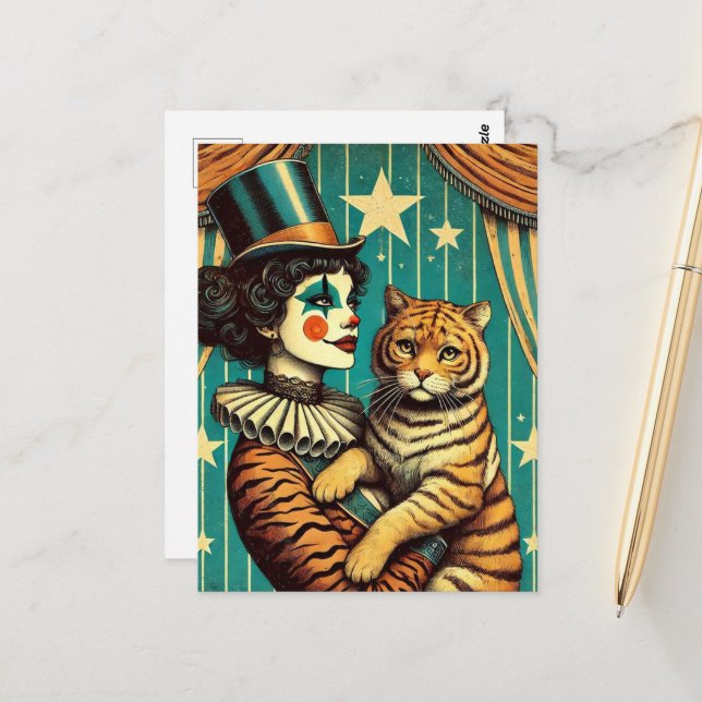 Circus Clown and a Tiger Kitty Postcard (Front/Back In Situ)