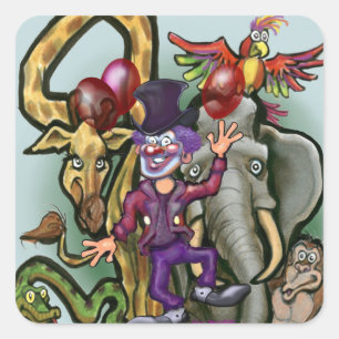 Circus Clown and Animals Square Sticker