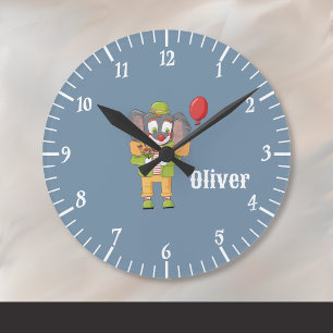 Circus Clown Elephant Blue Kid Wall Clock