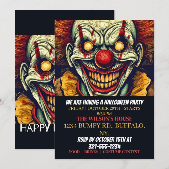 Circus Clown Happy Halloween Party Invitations (Front/Back)