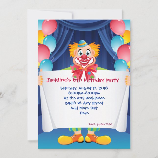 Circus Clown Kids Birthday Party Invitation 5x7" (Front)