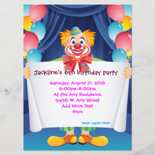 Circus Clown Kids Party Invitation 6.5" x 8.75"