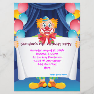 Circus Clown Kids Party Invitation 6.5" x 8.75"