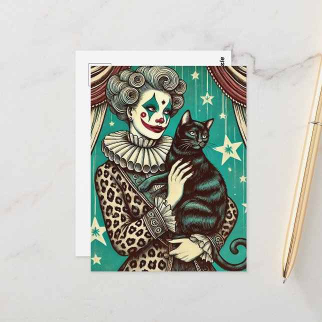 Circus Clown Woman and a black cat Postcard (Front/Back In Situ)