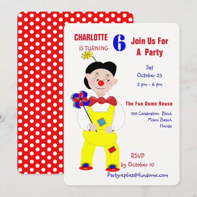 Circus Clowns Fun Kids Birthday Party Editable Invitation (Front/Back)
