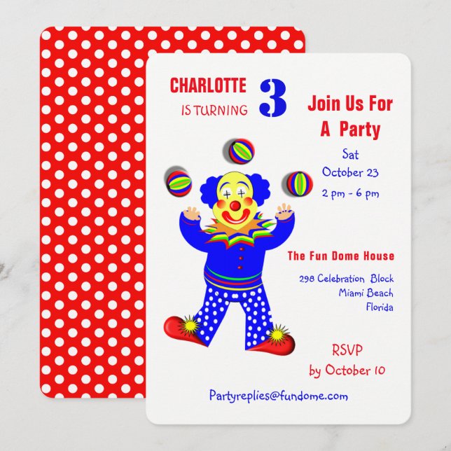 Circus Clowns Fun Kids Birthday Party Editable Invitation (Front/Back)